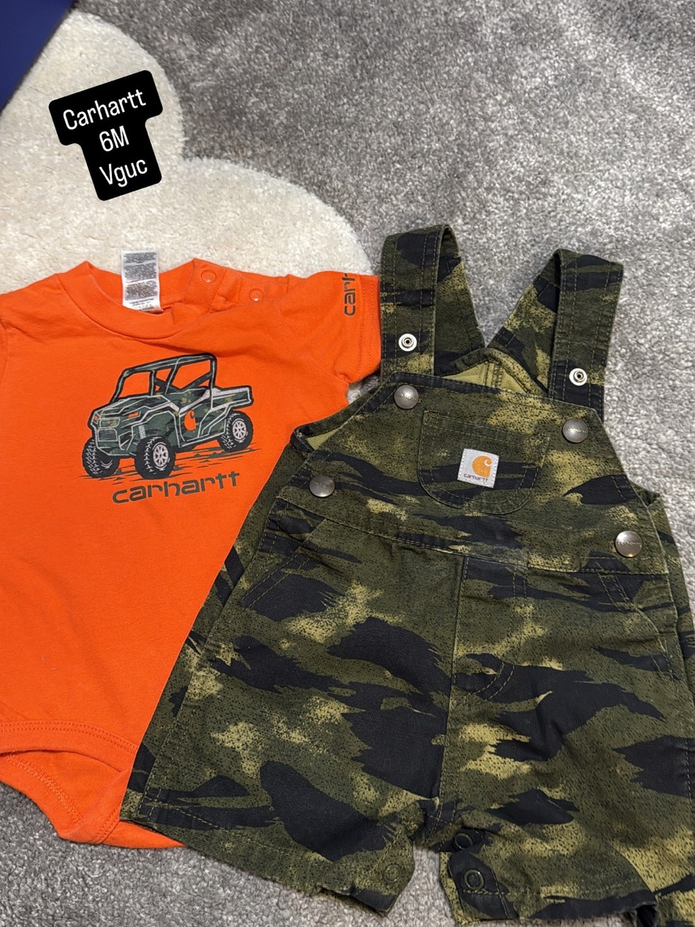 Carhartt Orange Bodysuit with Green Camo Shortalls - Kids